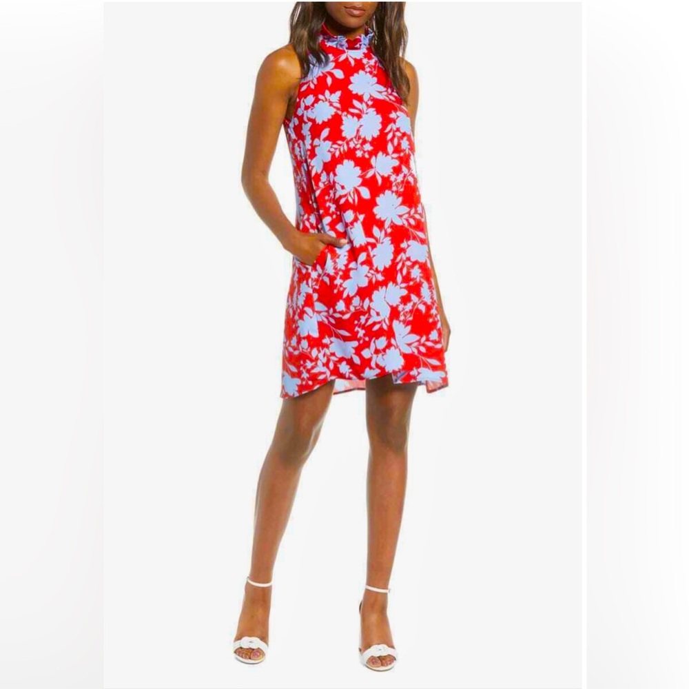 Gibson Cavallo Red Ruffle Neck Dress with pockets size S